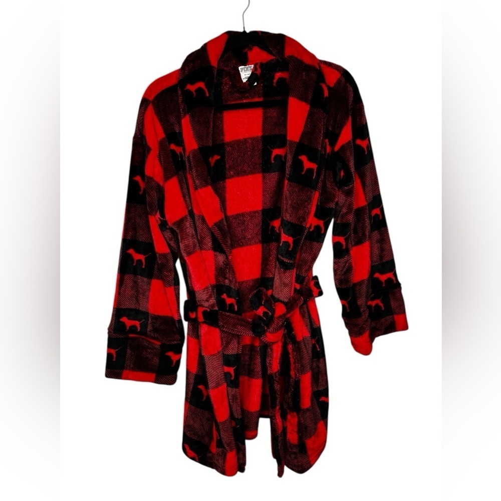 Victoria's Secret PINK Buffalo Plaid Plush Soft Cozy Robe Cabincore Size M/L - Picture 2 of 11